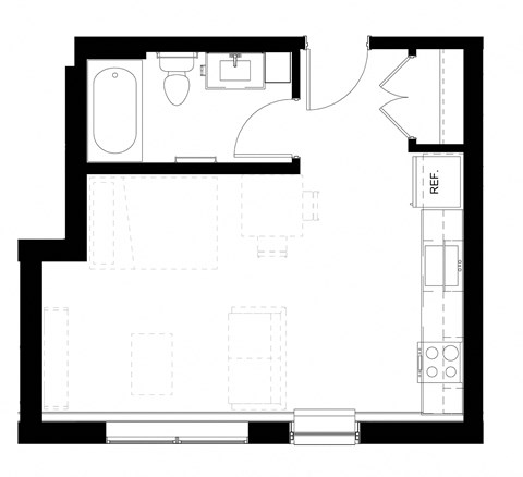 a black and white floor plan of a small room with a bedroom and a bathroom